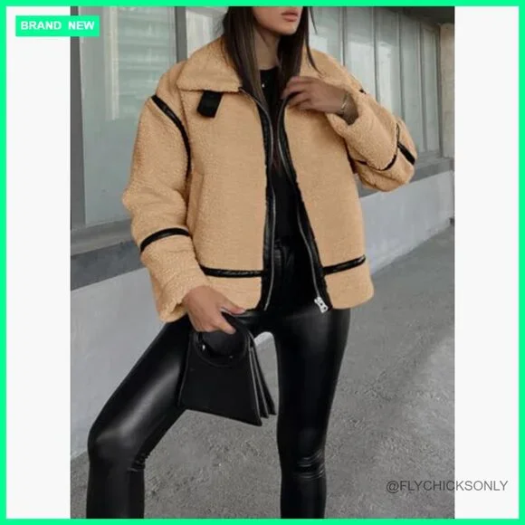 Faux Fur Jacket with Sherpa Lining and Leather Patchwork